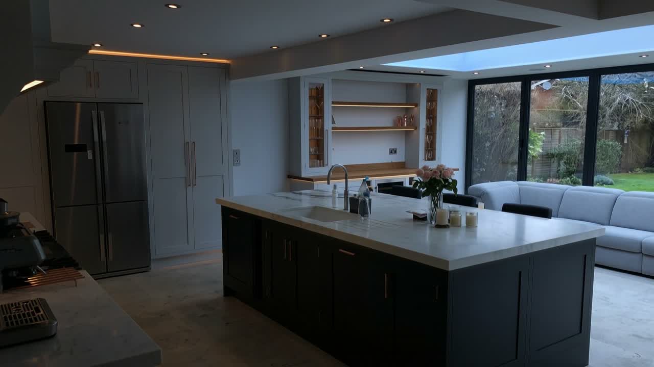 Kitchen at dusk with the lights off, before Dew Electrics' lighting comes on